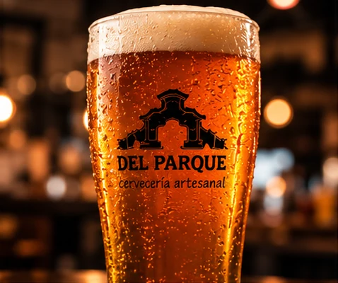 Vaso de cerveza con la marca Del Parque en la propuesta visual